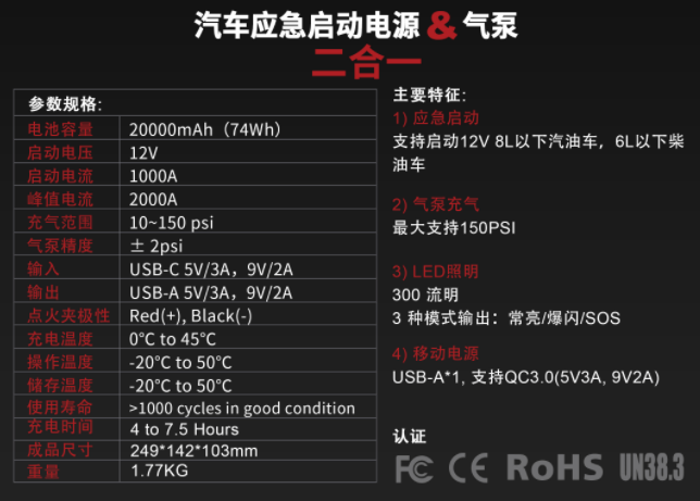 汽車應急啟動電源Lokithor參數功能表